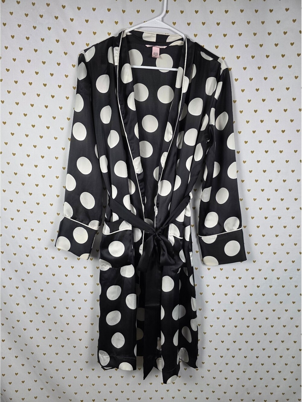 Victoria's Secret Satin Robe M Black White Polka Dot Kimono Belted Pajamas